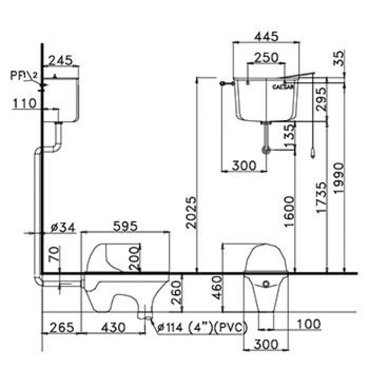 Bồn Cầu Xổm Caesar Cs1230 - Xí Bệt Bàn Cầu Két Nước Treo Tường T1100