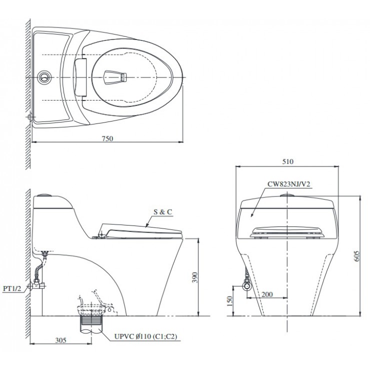 Bàn Cầu TOTO CW823NW/F Một Khối Nắp TC393VS
