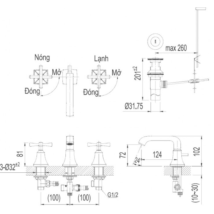 Vòi Lavabo Inax LFV-8100B Van Nóng Lạnh Riêng 3 Lỗ Vòi Lavabo