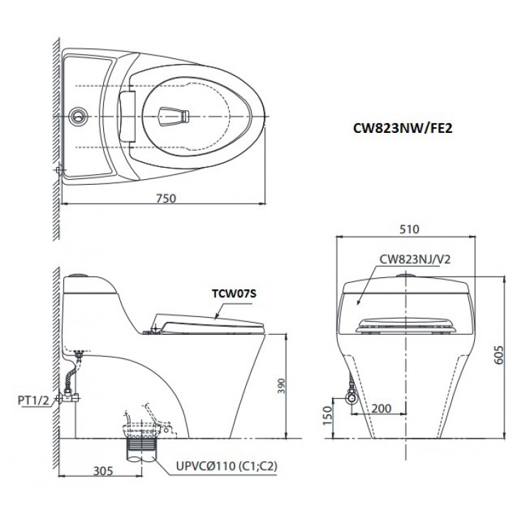 Bàn Cầu TOTO CW823NW/FE2 Một Khối Nắp Cơ