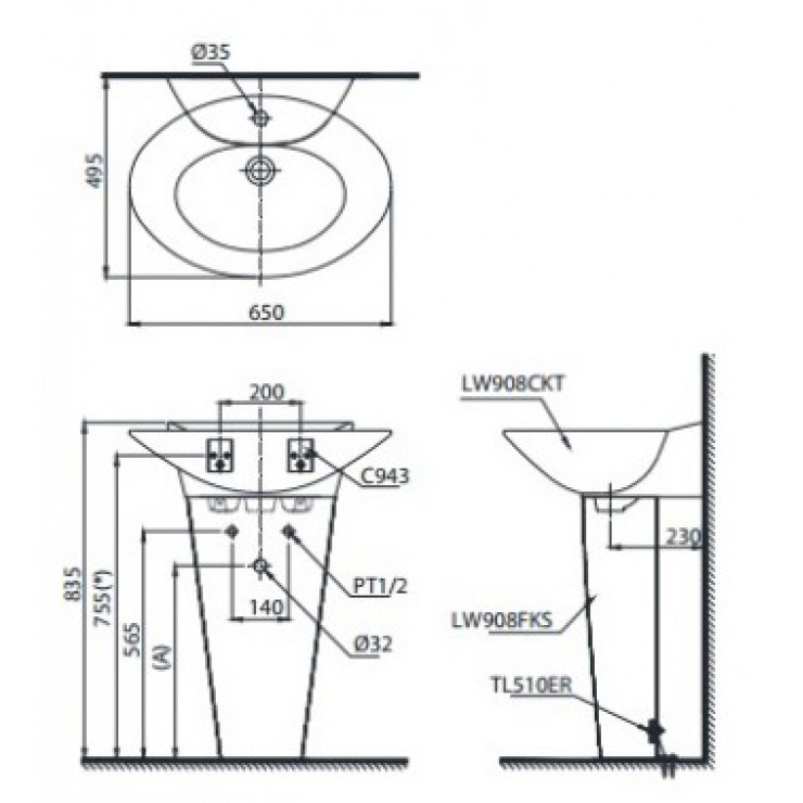Chậu Lavabo TOTO LPT908C Treo Tường Chân Dài