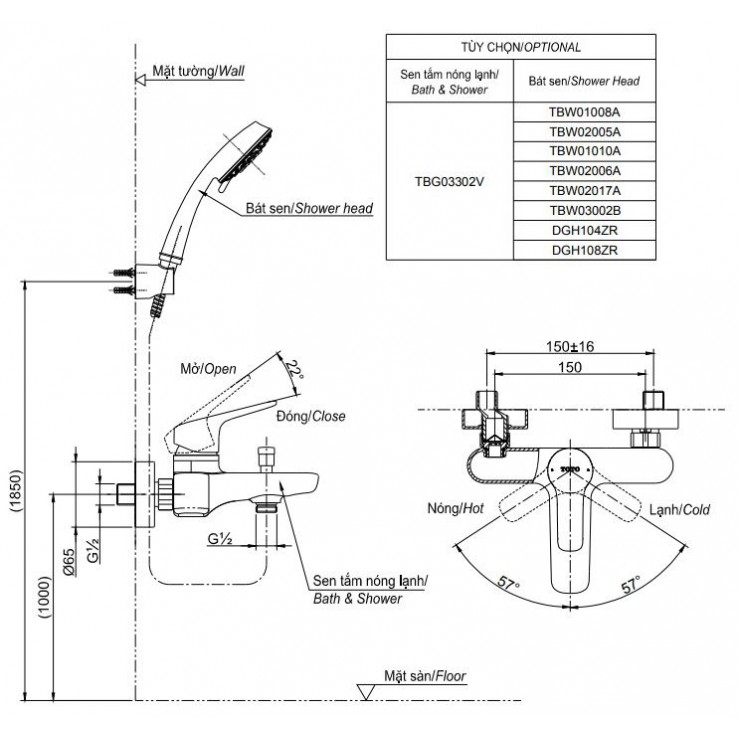 Bản vẽ kỹ thuật vòi sen nóng lạnh TOTO TBG04302VA/DGH108ZR