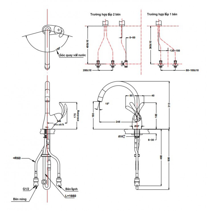 Vòi rửa chén TOTO TKN34PBRR nóng lạnh rút dây cho chậu bếp