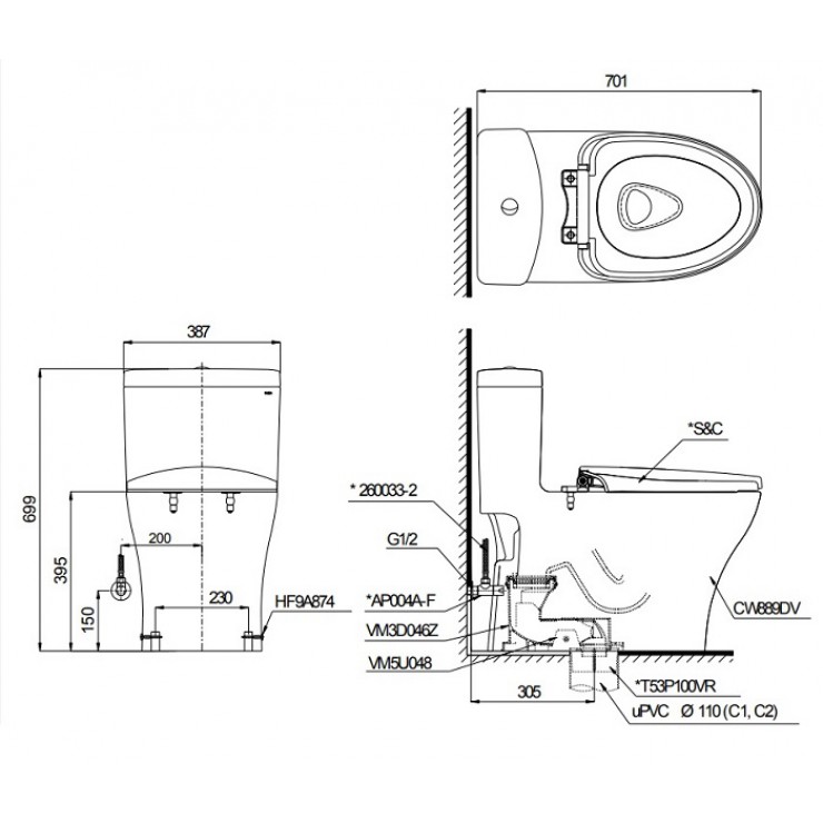 Bồn Cầu TOTO MS889DRT8 (MS889DT8) Một Khối Nắp TC600VS