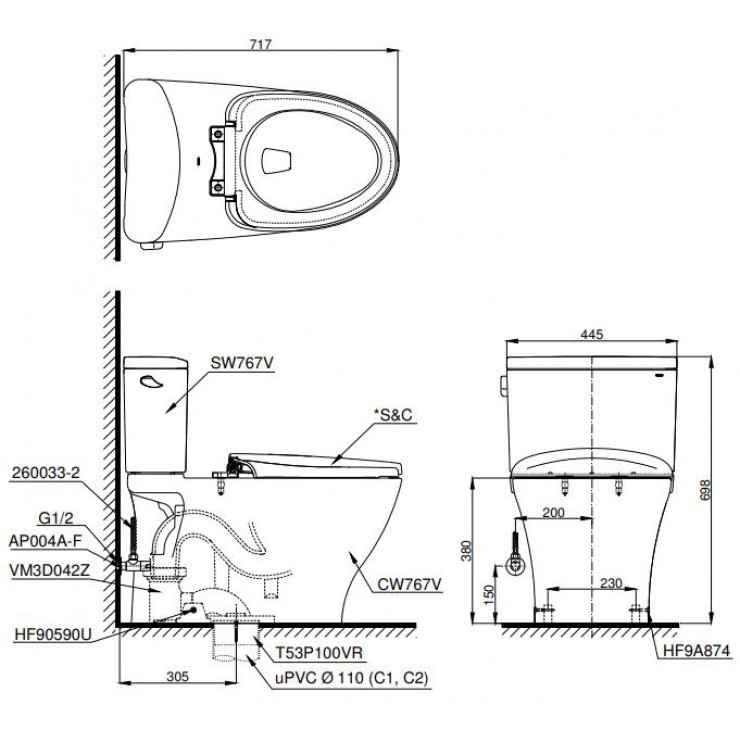 Bồn Cầu TOTO CS767T8 CS767RT8 Hai Khối Nắp TC600VS Bồn Cầu Vệ Sinh