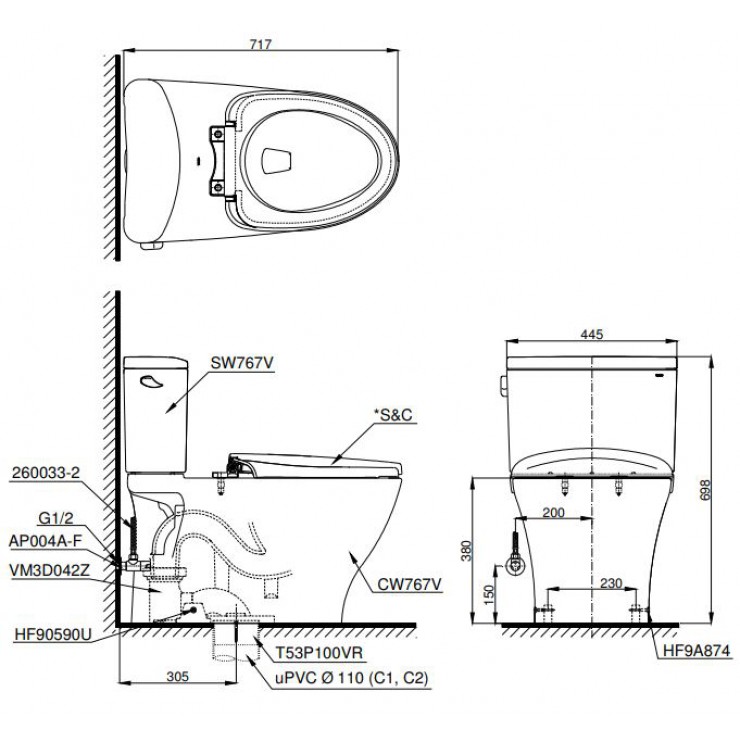 Bàn Cầu TOTO CS767RE2 (CS767E2) Hai Khối Nắp Cơ