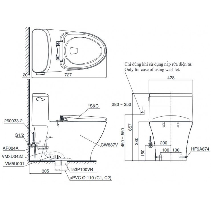 Bàn Cầu TOTO MS887RE2 (MS887E2) Một Khối Nắp Cơ