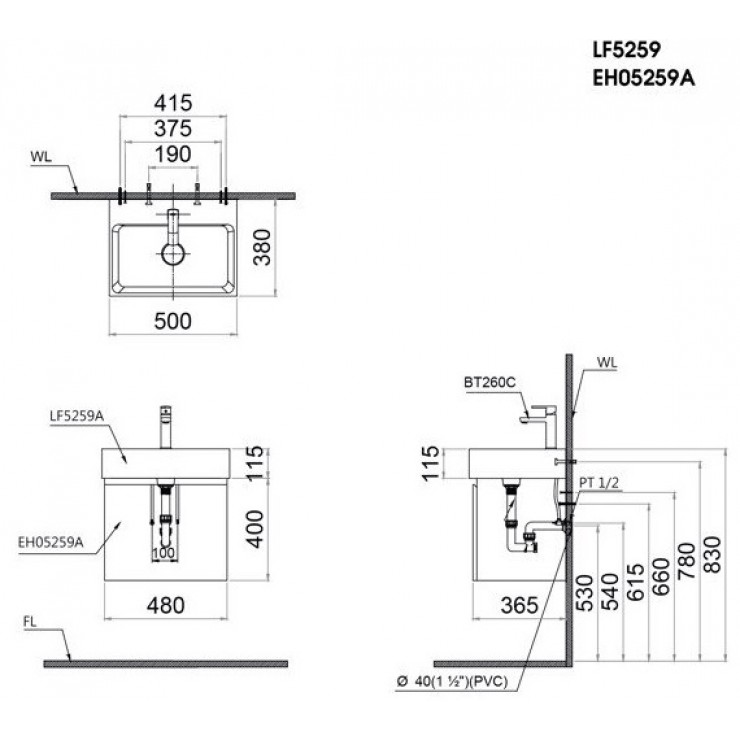 Bộ tủ chậu rửa mặt lavabo Caesar LF5259/EH05259ATGV treo tường - Tuấn Đức