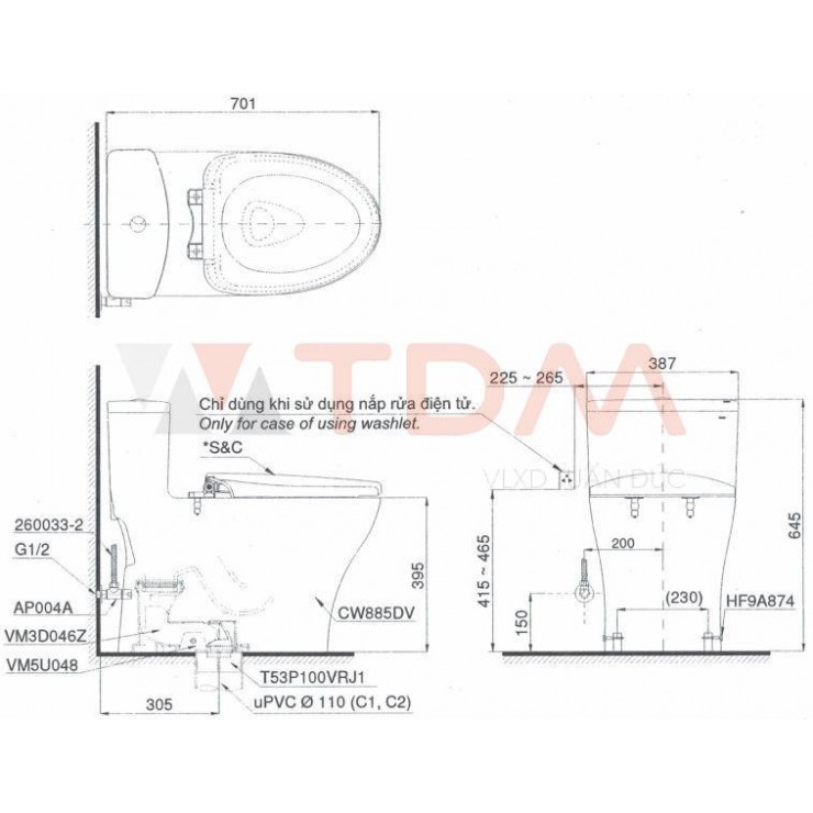 Bồn Cầu TOTO MS885DT3 Một Khối Nắp TC385VS