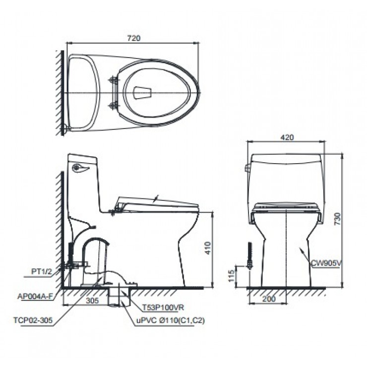 Bàn Cầu TOTO MS905E2 Một Khối Nắp Cơ