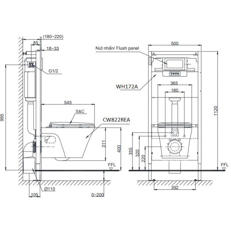 Bồn Cầu TOTO CW822RA/TCF4911Z/WH172A/MB174P#SS Nắp Điện Tử Treo Tường