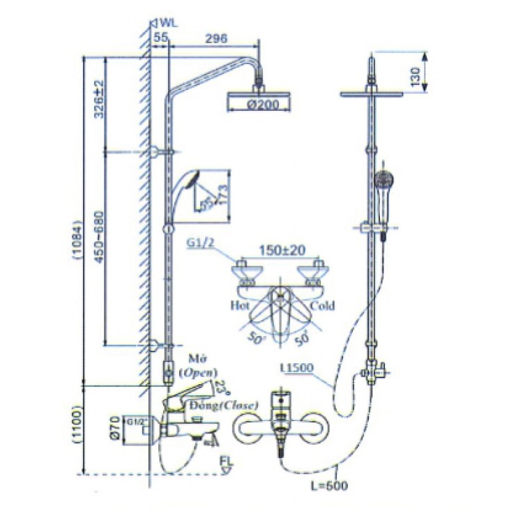 Vòi Sen Tắm Cây Inax BFV-1115S Nóng Lạnh