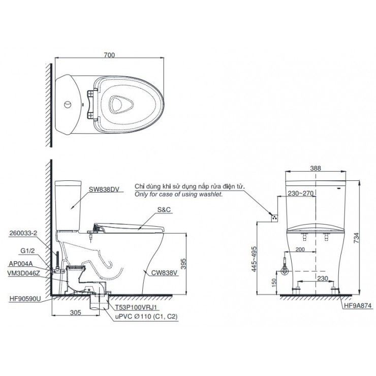 Bồn Cầu TOTO CS838DT8 Hai Khối Nắp TC600VS Bồn Cầu Vệ Sinh