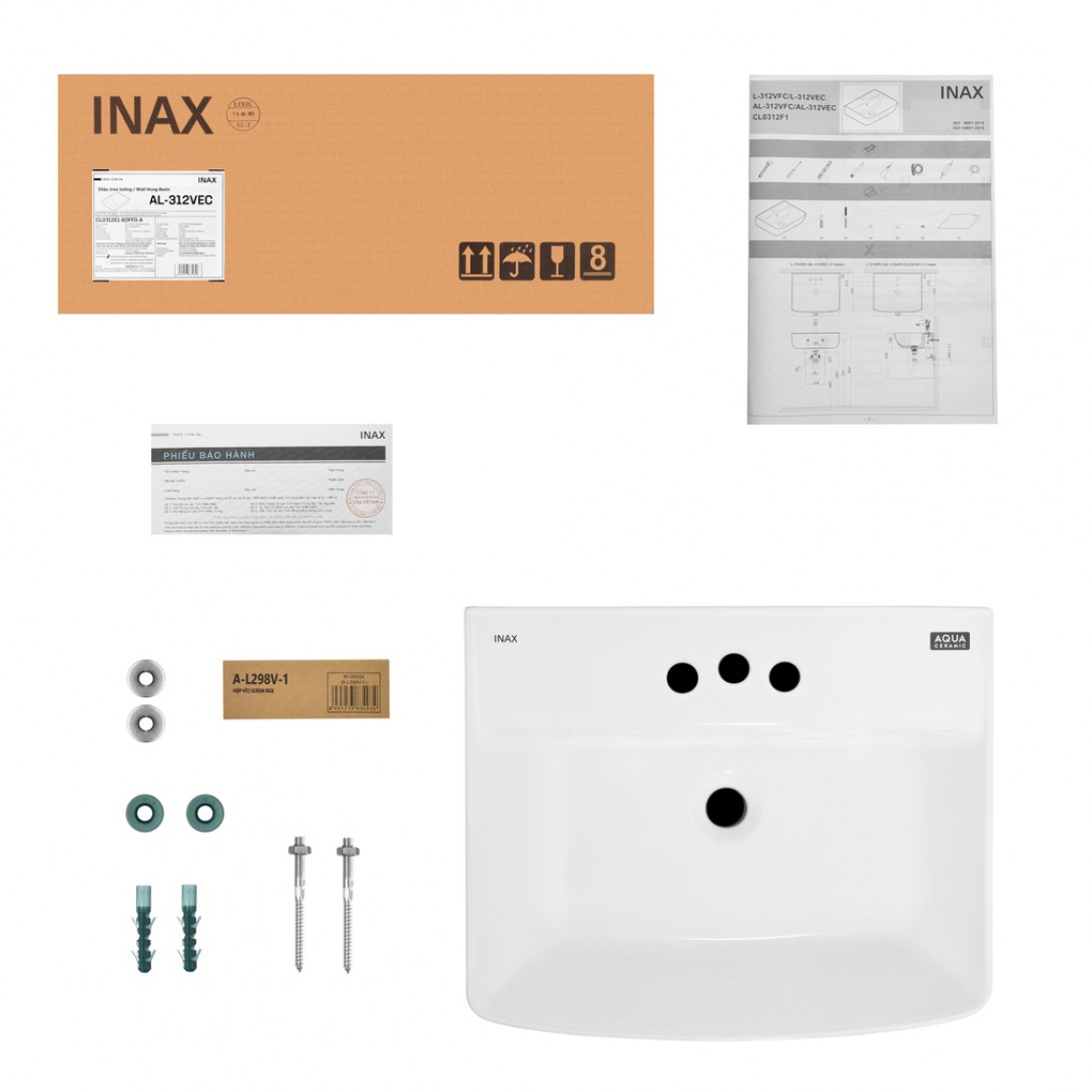 Bộ chậu rửa mặt lavabo Inax AL-312V/L-298VC treo tường chân ngắn - Tuấn Đức