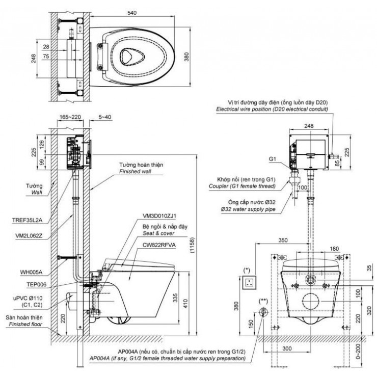Thân bồn cầu TOTO CW822RA#W/TC385VS#W treo tường - Tuấn Đức