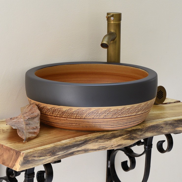 Chậu rửa mặt lavabo sứ mỹ thuật Kanly SU015 nâu đen đặt bàn đá