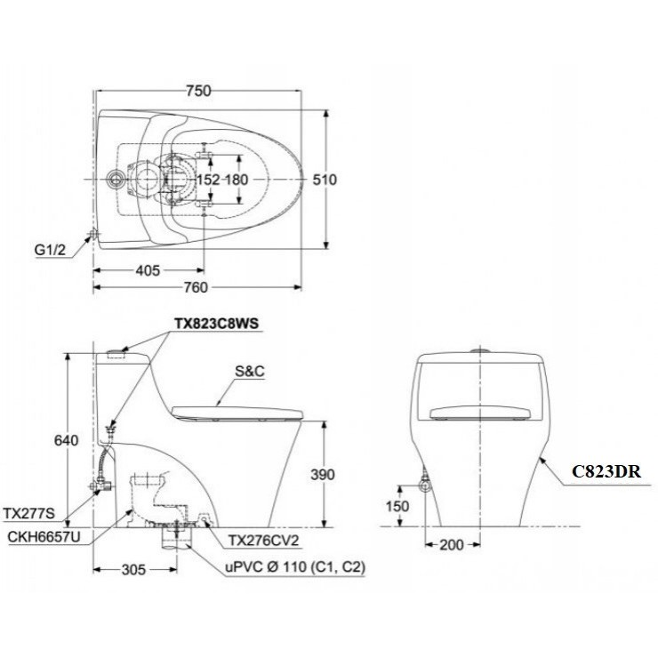 Bồn Cầu TOTO MS823DRE2 Nắp Cơ Ecowasher