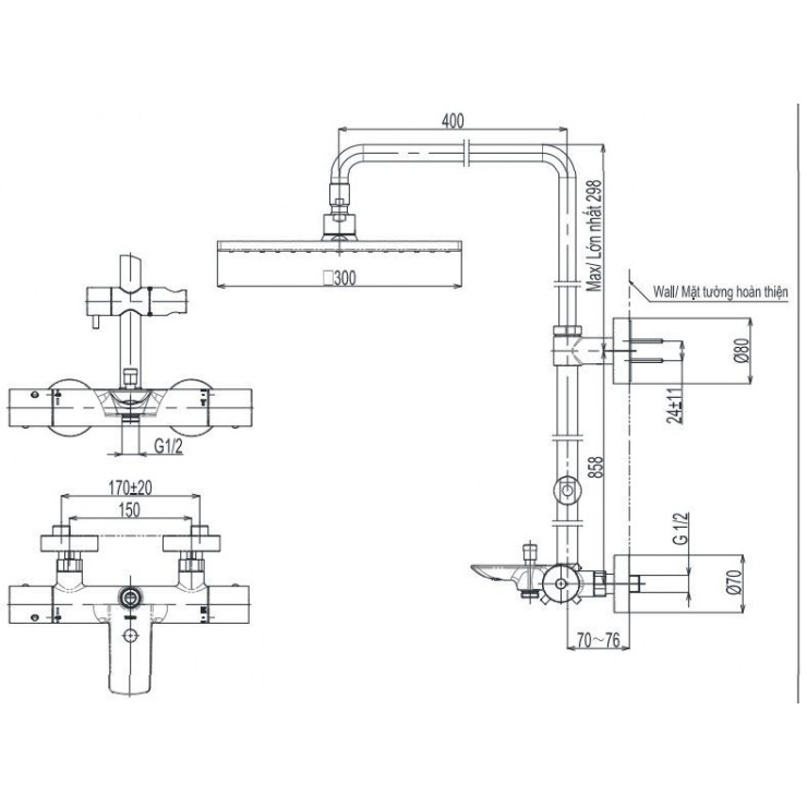 Vòi Sen Cây TOTO TBW08405A Nhiệt Độ Xả Bồn Vuông 300mm