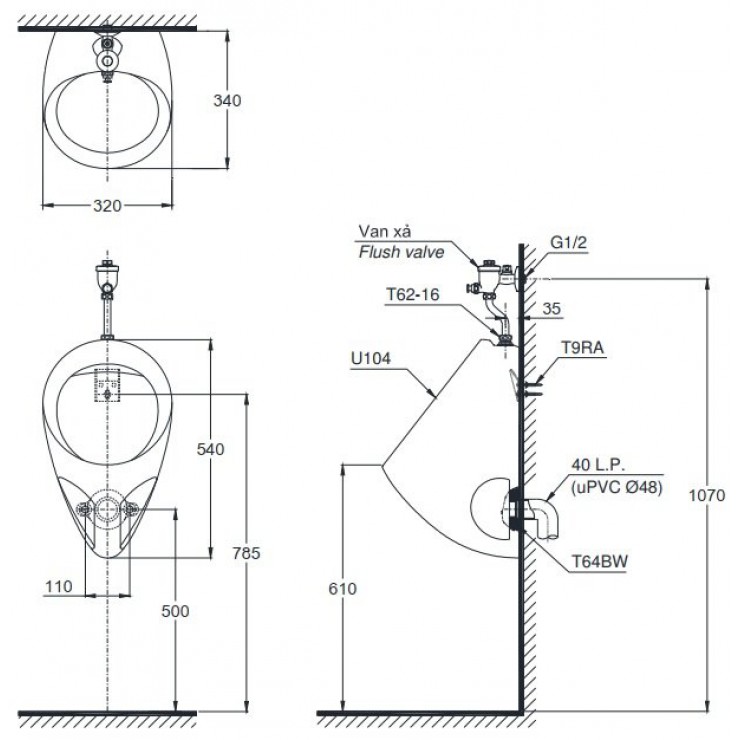 Bồn Tiểu Nam TOTO U104W/F#W (U104W-F) Treo Tường Bồn Tiểu Nam Nữ