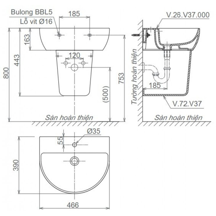 Chậu Rửa Lavabo Viglacera V37 Chân Treo Chậu Rửa Lavabo