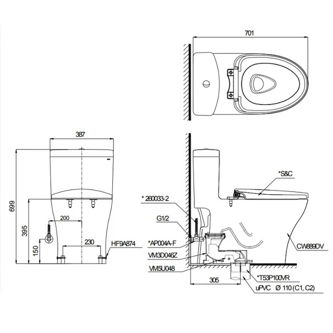 Bồn cầu TOTO MS889DRT8 (MS889DT8) xí bệt bàn cầu vệ sinh 1 khối C889DR + TC600VS