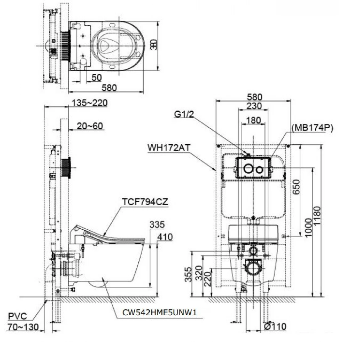 Bồn Cầu TOTO CW542HME5UNW1/TCF795C2Z/WH172AAT/MB175M#SS Treo Tường Tự Động Xả