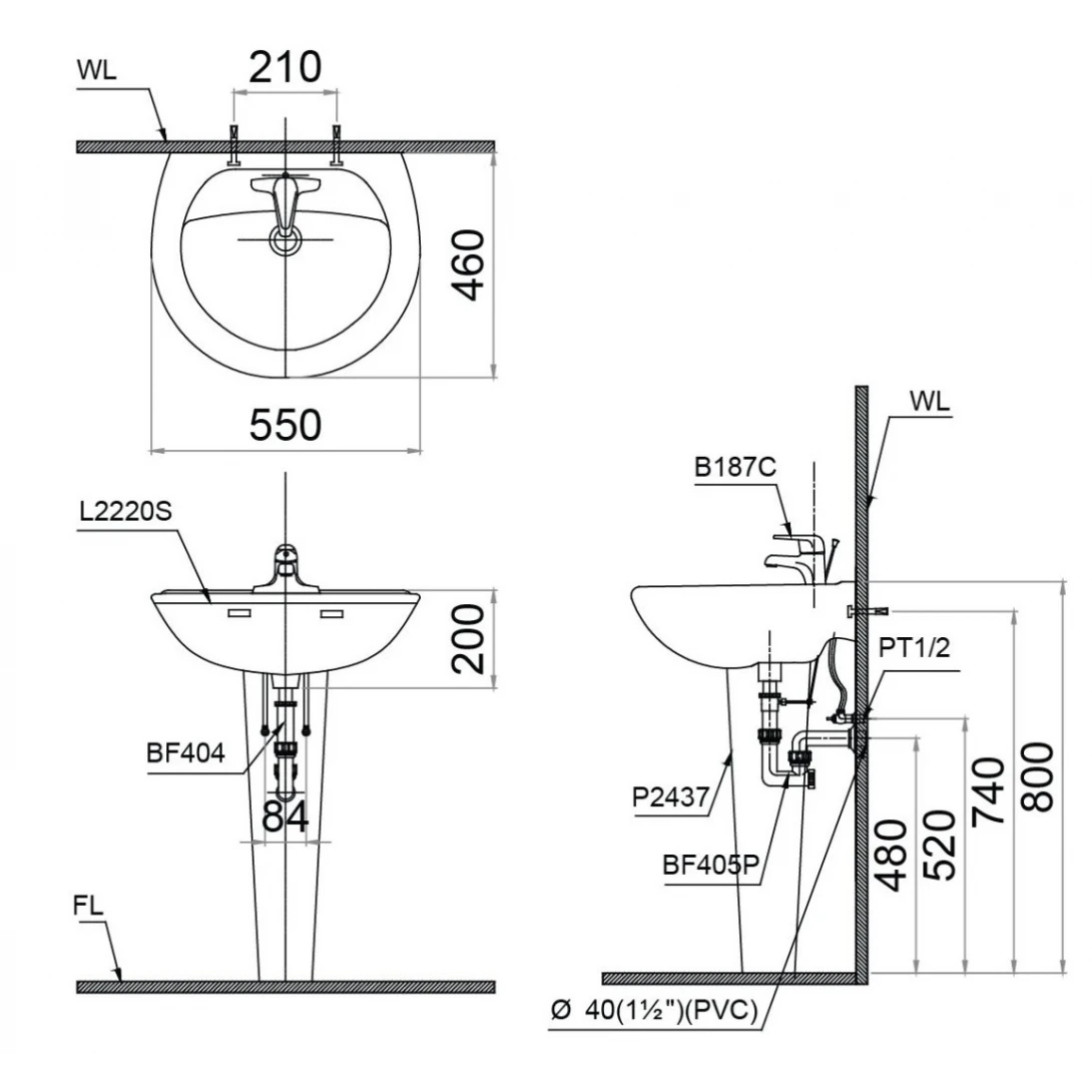 Chậu Rửa Lavabo Caesar Chân Dài L2220/P2445 Chậu Rửa Lavabo