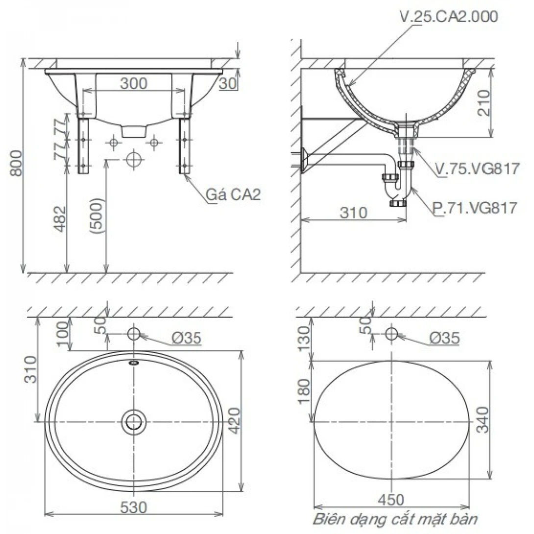 Chậu rửa mặt lavabo Viglacera CA2 âm bàn đá oval - Tuấn Đức