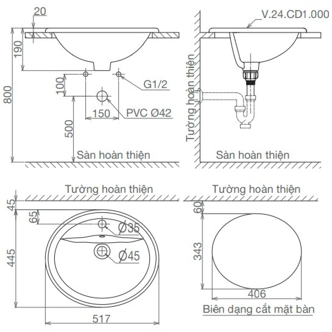 Chậu Rửa Lavabo Viglacera CD1 Âm Bàn Dương Vành Chậu Rửa Lavabo