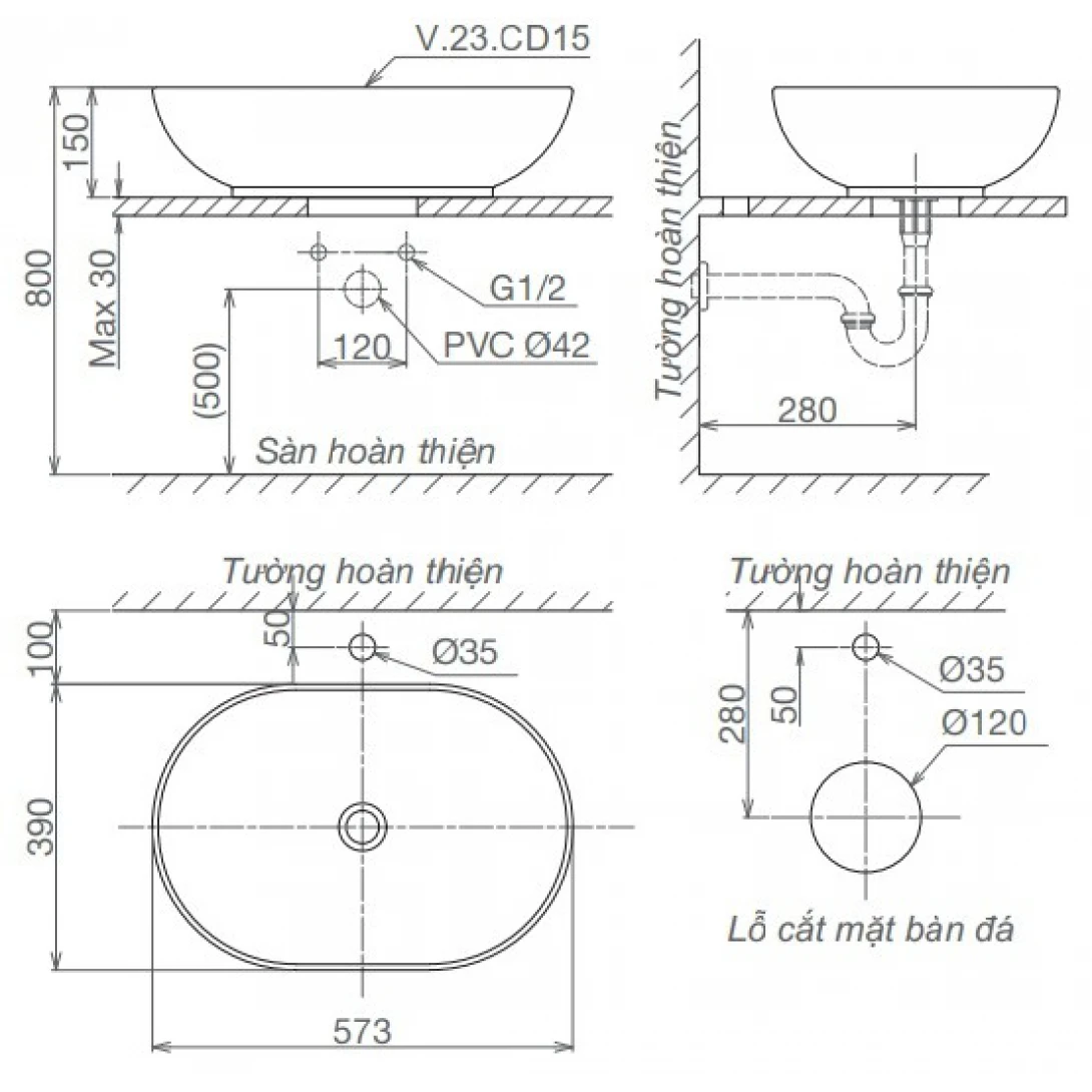 Chậu Rửa Lavabo Viglacera CD15 Đặt Bàn Chậu Rửa Lavabo