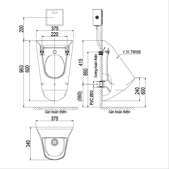 Bản vẽ bồn tiểu nam đặt sàn T12 Viglacera treo tường
