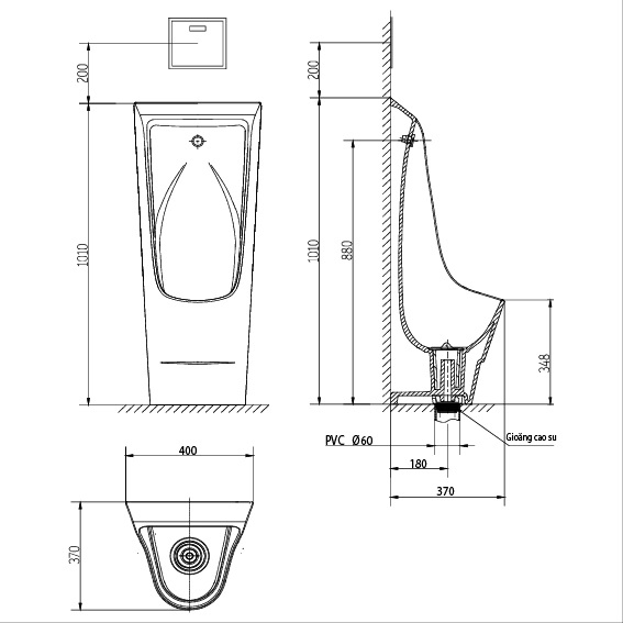 Bản vẽ bồn tiểu nam đặt sàn T16 Viglacera đặt sàn