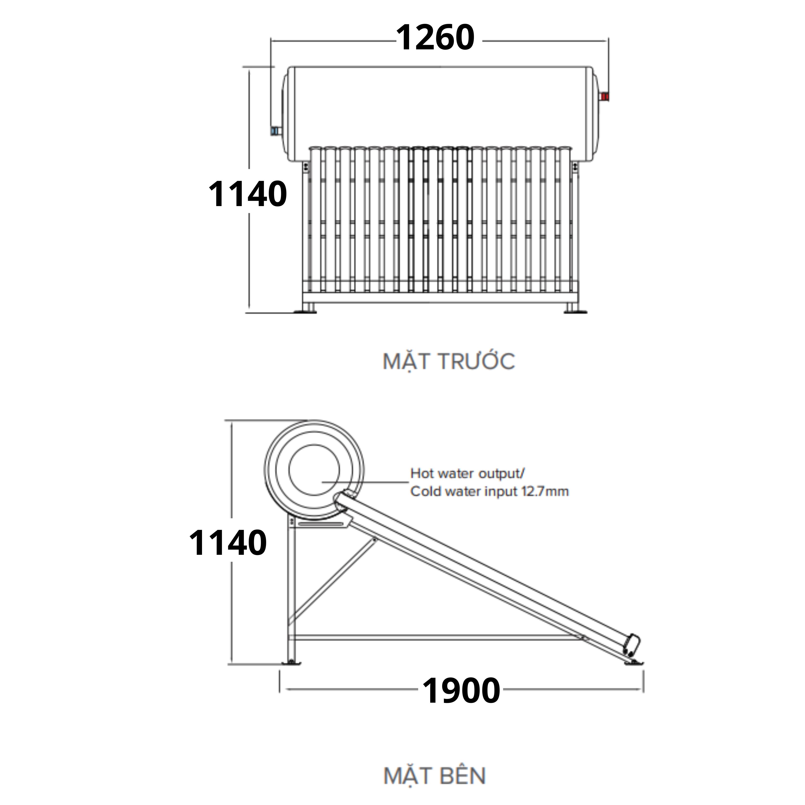 Bản vẽ kích thước máy nước nóng năng lượng mặt trời Ariston 132L dạng ống