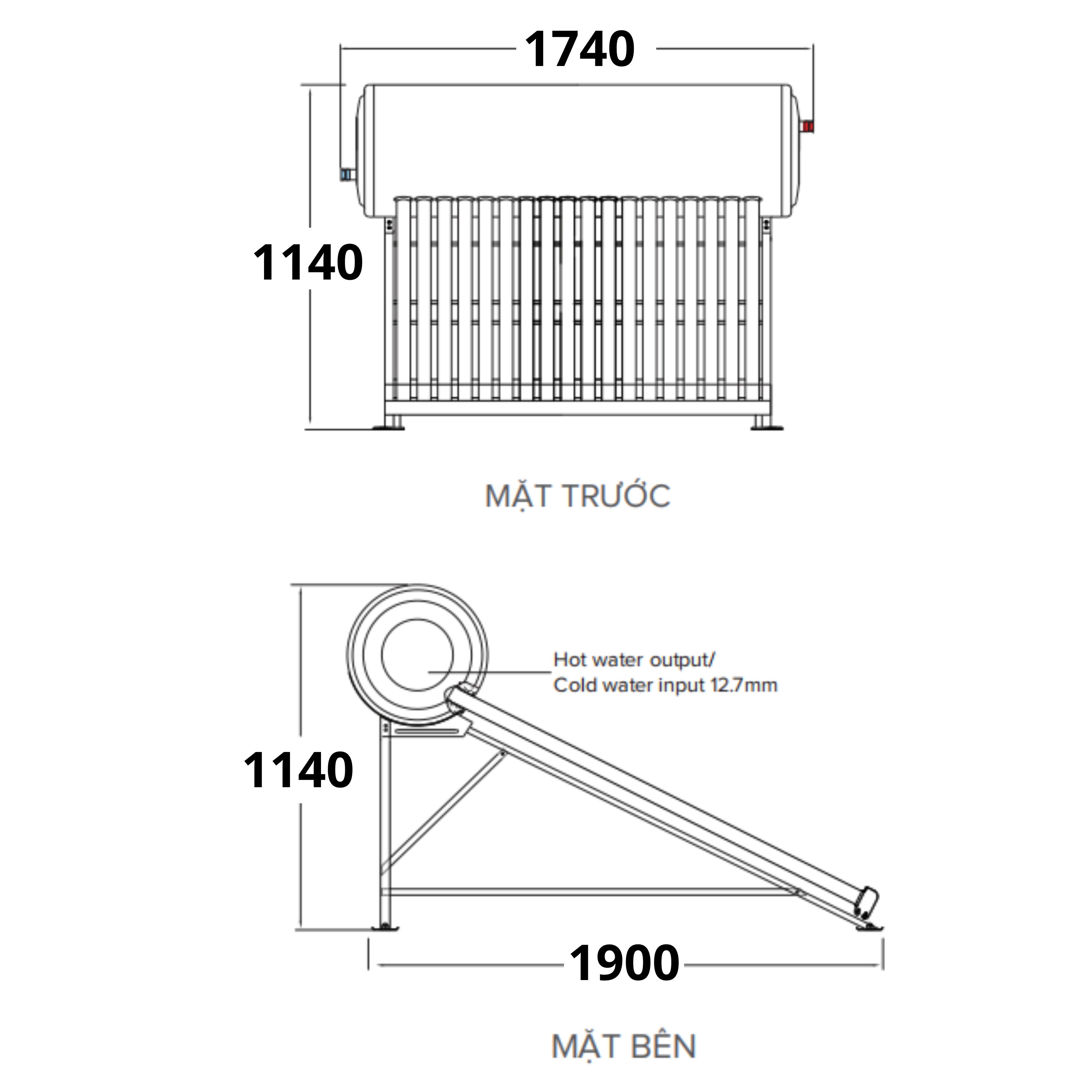 Bản vẽ kích thước máy nước nóng năng lượng mặt trời Ariston 190L dạng ống