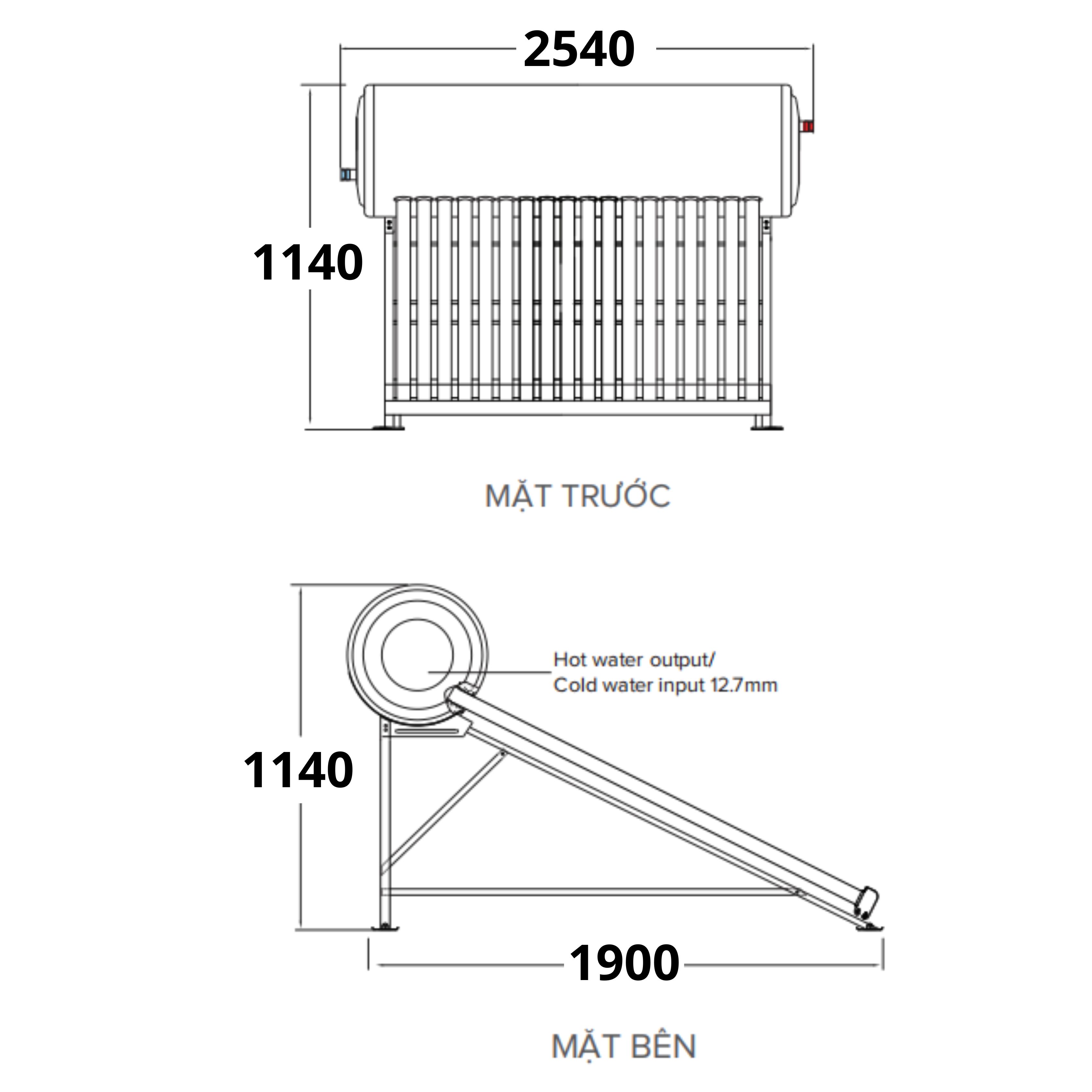 Bản vẽ kích thước máy nước nóng năng lượng mặt trời Ariston 300L dạng ống