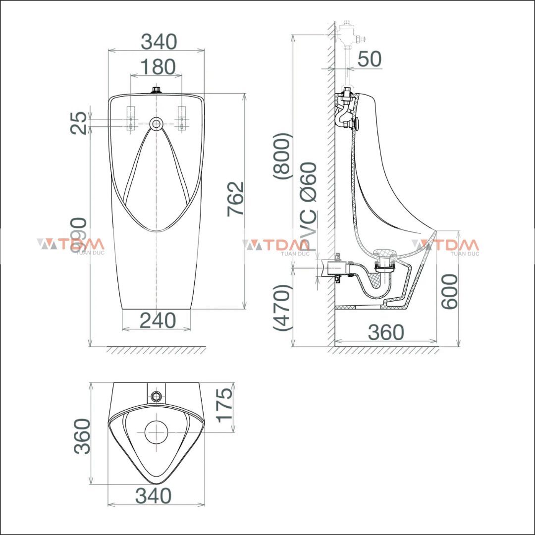Bản vẽ kích thước tiểu nam T6 Viglacera