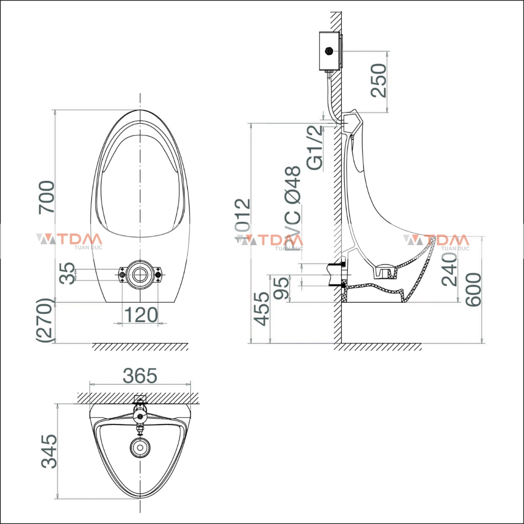 Bản vẽ kích thước tiểu nam T9 Viglacera