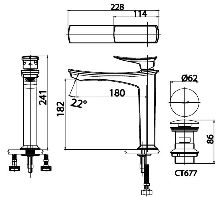 Bản vẽ kích thước vòi lavabo nóng lạnh Cotto ct 2252a blbr