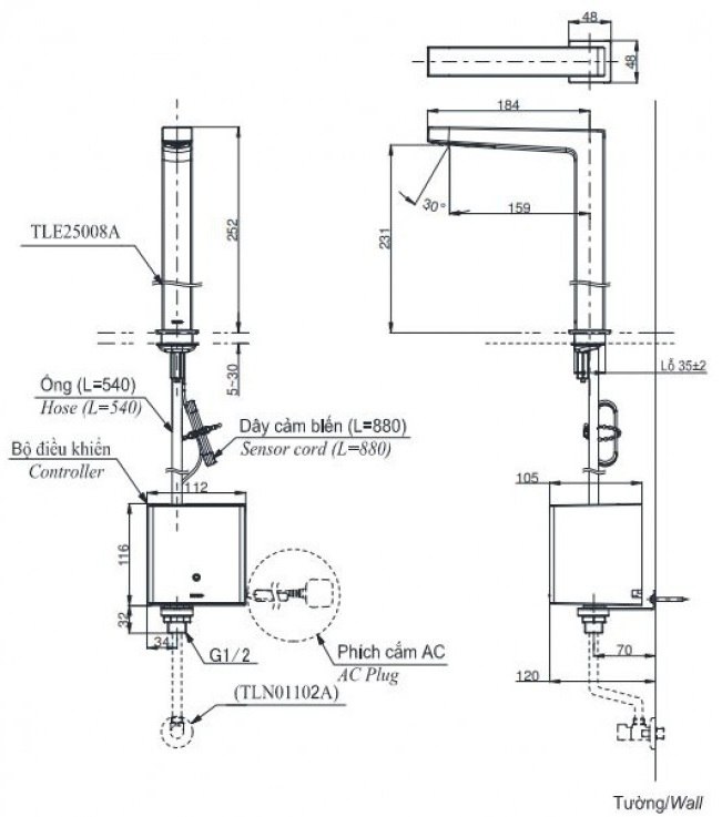 Bản vẽ vòi tự động TOTO TLE25008A+TLE01502A1+TLN01102A