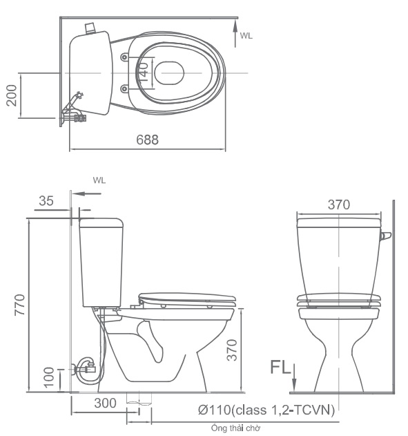 Bản vẽ bồn cầu Inax C-117VA - Xí bệt bàn cầu vệ sinh 2 khối nắp thường