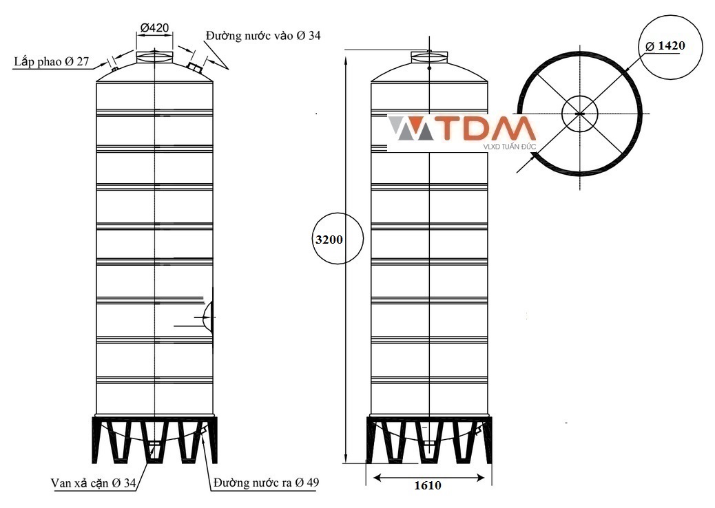 Bản vẽ téc nước inox 4500 lít đứng SUS 304 Sơn Hà phi 1420