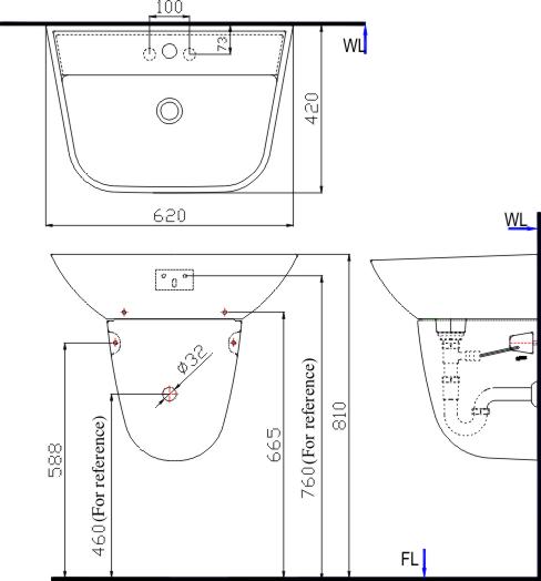 Bản vẽ bồn rửa mặt lavabo INAX L287V kèm chân L287VC