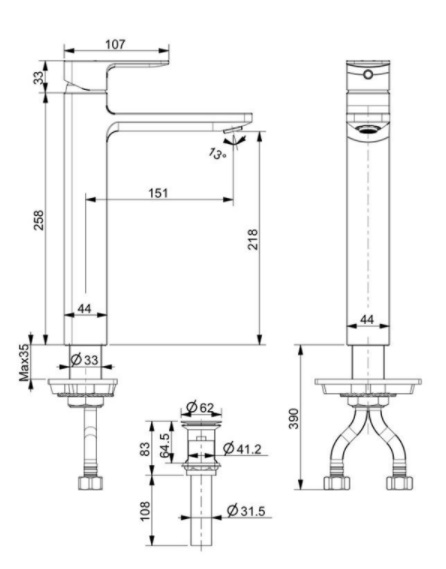Bản vẽ kỹ thuật vòi chậu lavabo nóng lạnh cổ cao american WF-1302