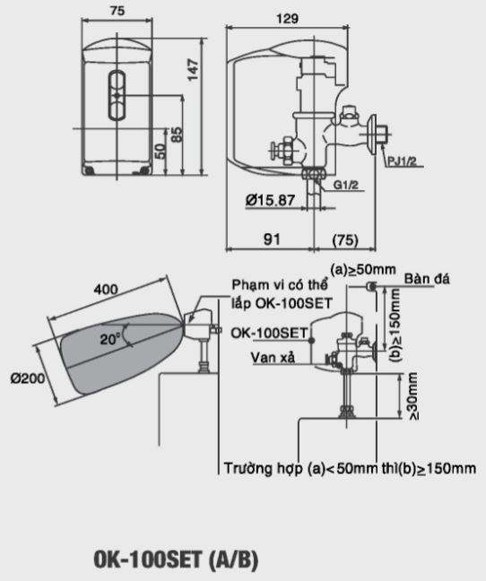 Thông số kỹ thuật van xả tiểu cảm ứng INAX OK-1000SET(A/B)