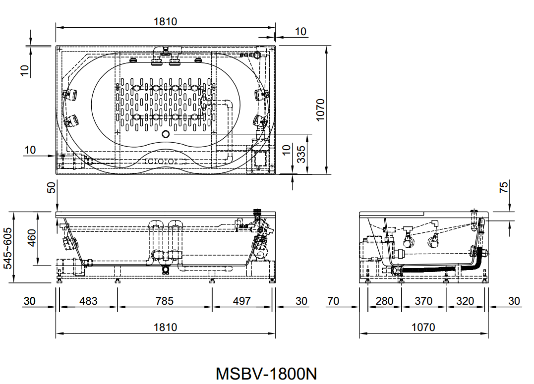 Bản vẽ kích thước bồn tắm massage Inax MSBV-1700B