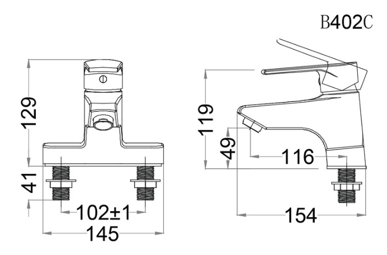 Bản vẽ kỹ thuật vòi chậu lavabo nóng lạnh caesar B402 C