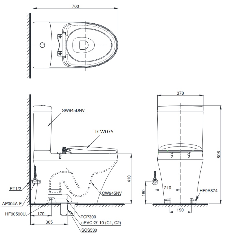 bản vẽ bồn cầu TOTO CS945DNE2 nắp rửa cơ