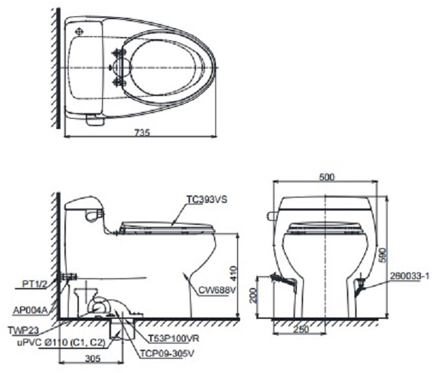 Bản vẽ bồn cầu TOTO MS688T2 - Xí bệt bàn cầu vệ sinh 1 khối