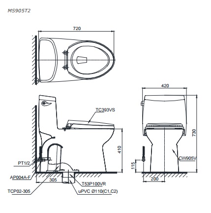 Bản vẽ bồn cầu TOTO MS905T2 - Xí bệt bàn cầu vệ sinh 1 khối nắp êm
