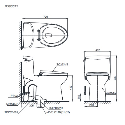 Bản vẽ bồn cầu TOTO MS905T2 - Xí bệt bàn cầu vệ sinh 1 khối nắp êm